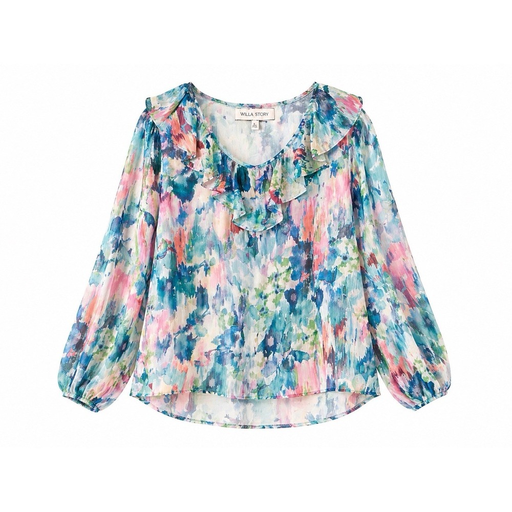 Willa Story Blouse Women L Sheer Watercolor Boho Romantic Ruffle Flowy
